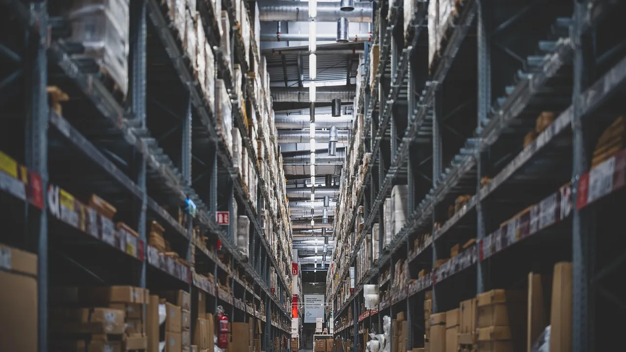 Une allée d’entrepôt bordée de cartons étiquetés